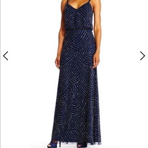 Adrianna Papell Navy Art Deco Blouson Beaded Gown